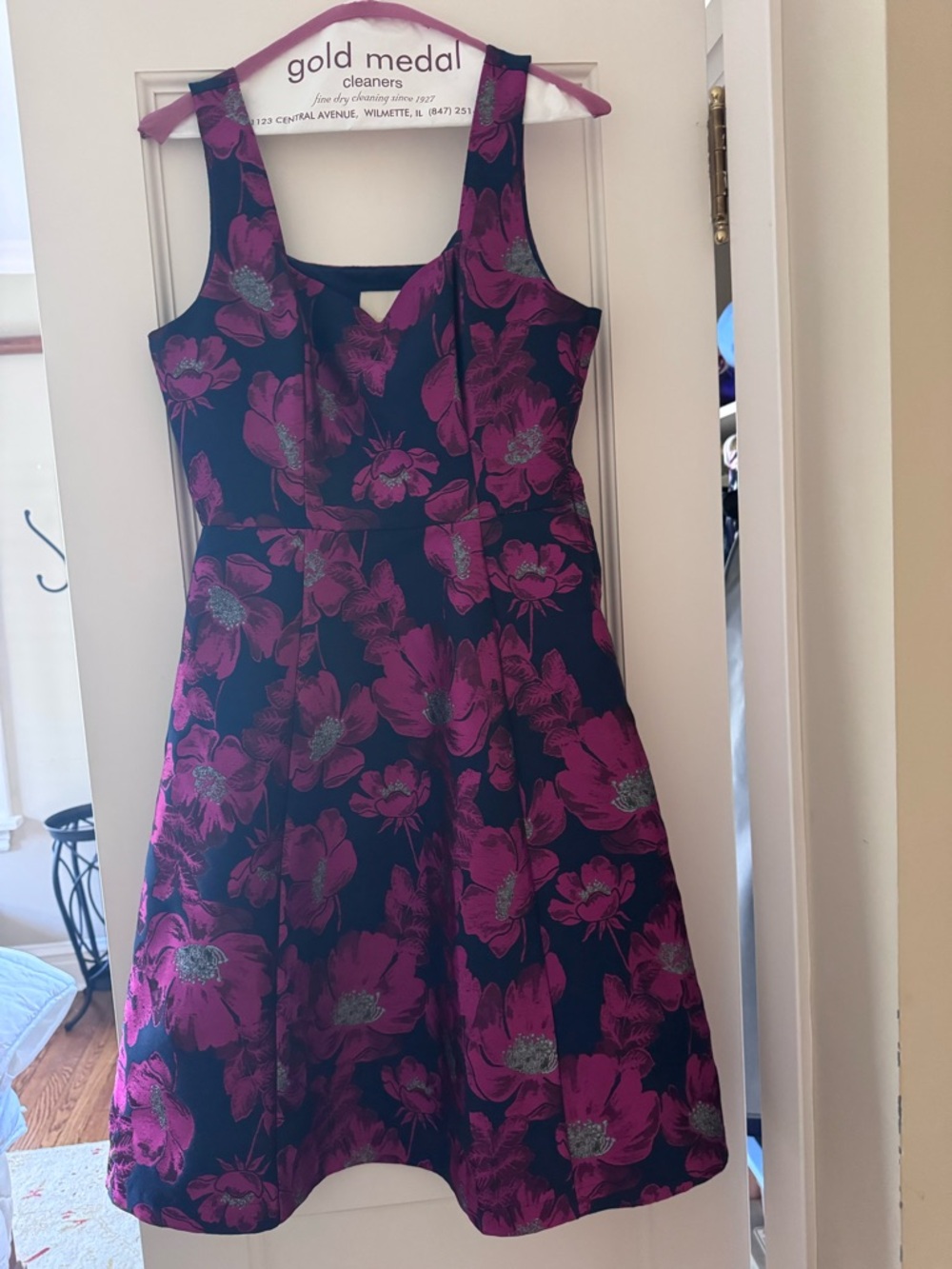 ModCloth jacquard Navy Dress with Magenta Floral Print